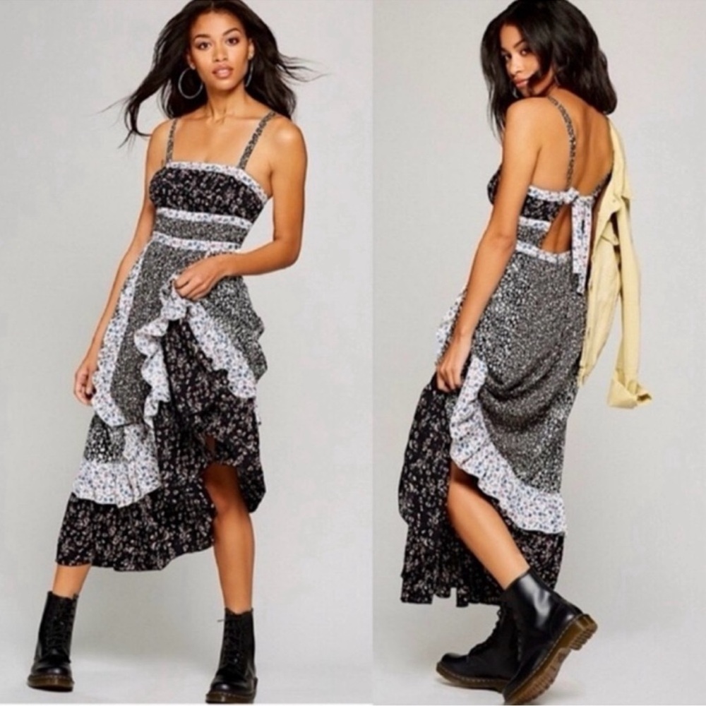 Free People Yesica Floral Ruffle-Trim Maxi Dress Black Size 12